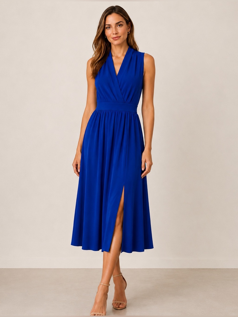 MICHAEL Michael Kors Royal Blue Sleeveless Faux Wrap Midi Dress Size S